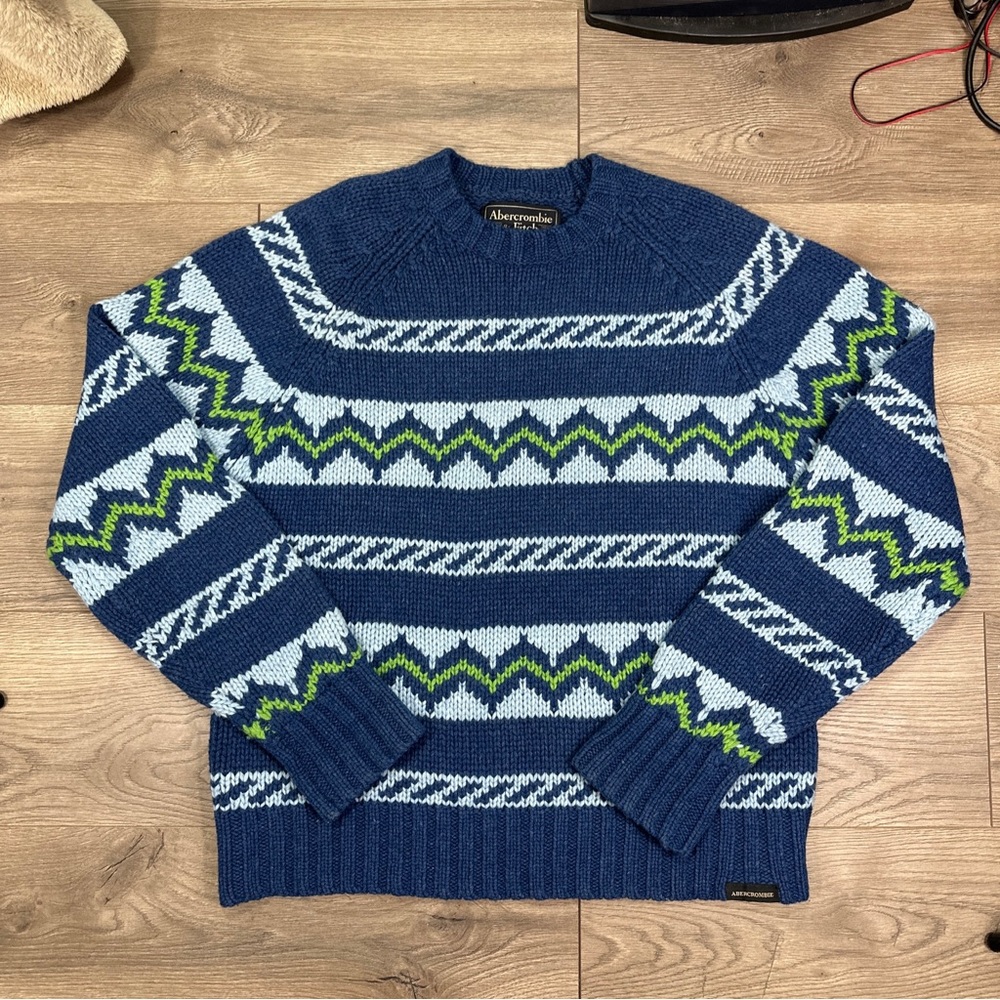 Vintage Abercrombie & Fitch Wool Blue Green Striped Crewneck Knit Sweater Mens L - Picture 2 of 7
